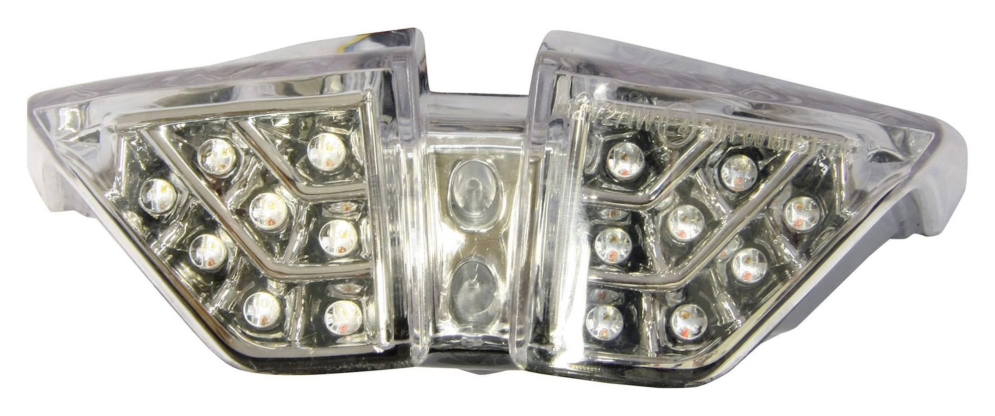 LED rear tail light with clear lens featuring integral indicators, designed for MV Agusta F4 1078 RR (2010-14), showcasing multiple bright white LEDs in a sleek, angular housing.