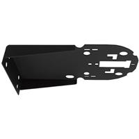 Black metal camera mounting accessory with a sturdy design, featuring multiple holes for secure attachment and a sleek, angled base for versatile positioning.
