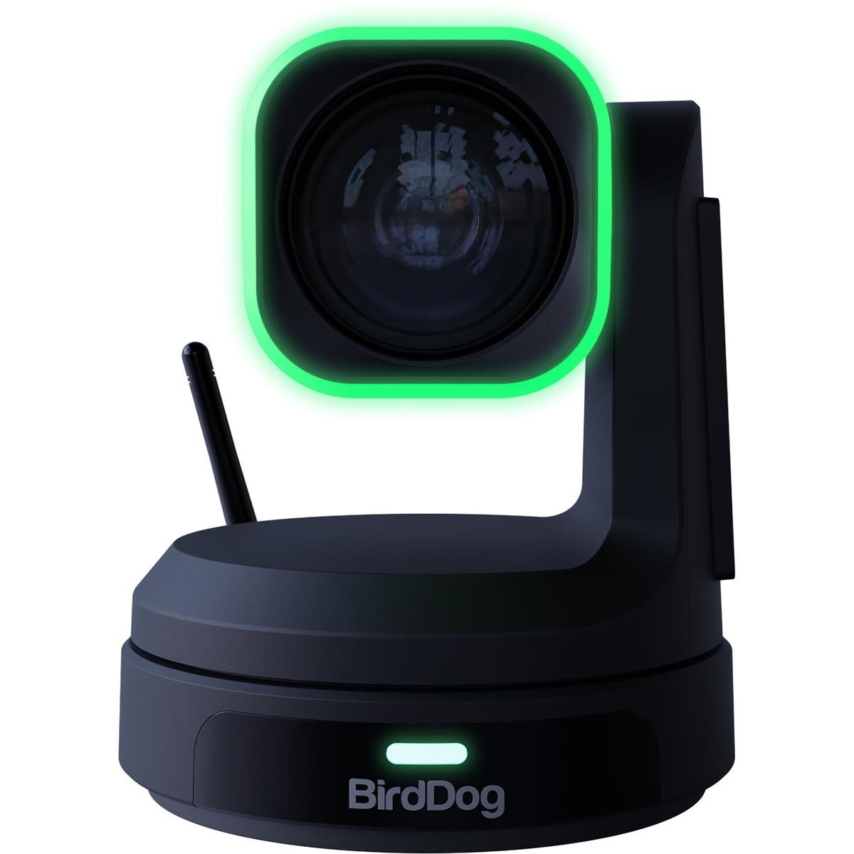 Black outdoor security camera with a sleek design, featuring a prominent lens, green LED ring, and a base with a white indicator light, designed for high-resolution monitoring.