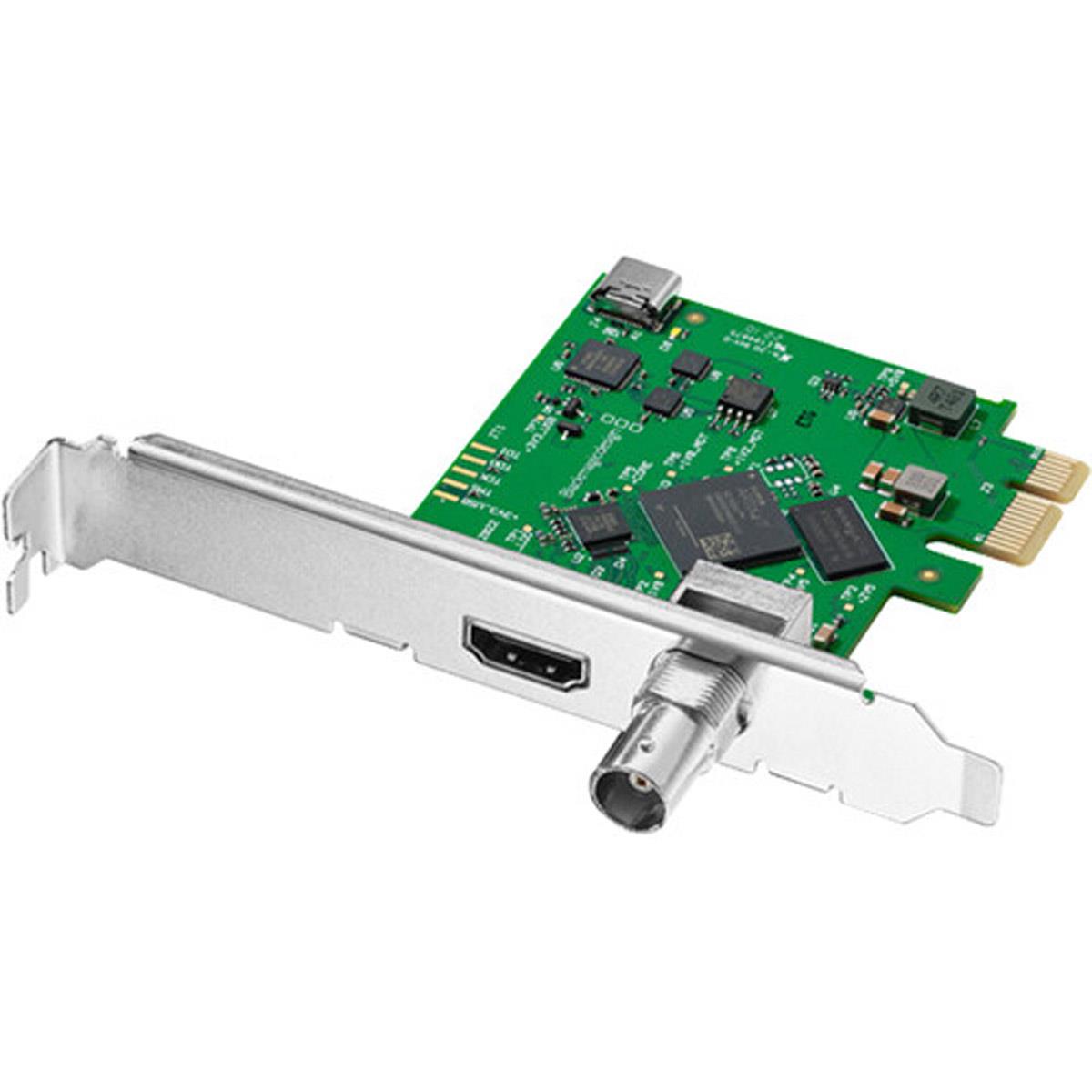 Blackmagic Design Mini Recorder features a green circuit board with various chips, metal PCI bracket, HDMI and BNC connectors for HD video capturing.