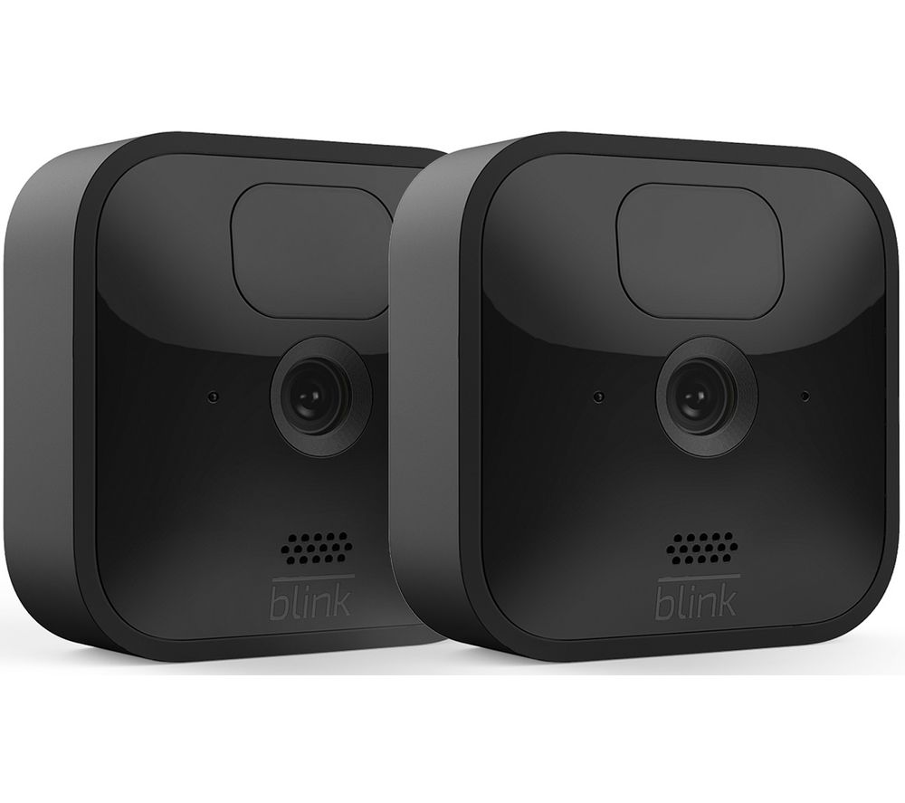 Two black Blink Outdoor Wireless HD security cameras with a sleek design, featuring a lens, speaker grille, and the brand logo on the front, designed for weather resistance.