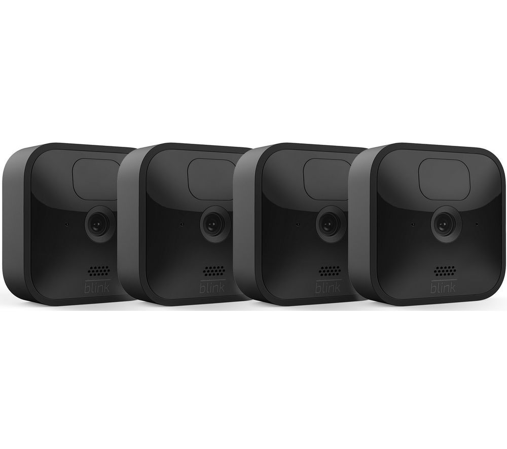 Four sleek, black Blink outdoor security cameras with a compact design, featuring a lens and speaker grille, designed for wireless and weather-resistant use.