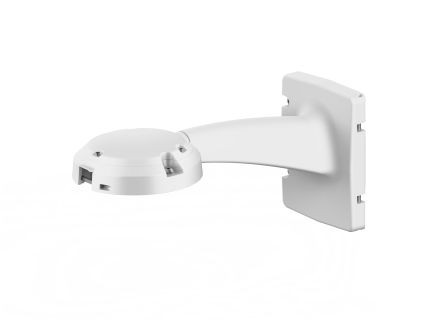 White pendant arm accessory for security cameras, featuring a rounded mount and a sturdy, curved support arm for secure installation.