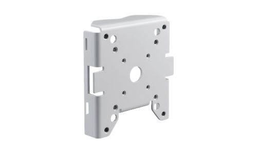 White metal security camera accessory mount with multiple mounting holes and a central circular opening for easy installation.