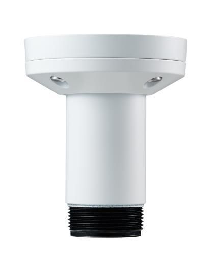 White cylindrical security camera accessory mount with a threaded black base and two mounting holes for secure installation.