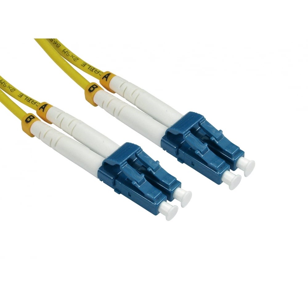 Yellow 3-meter InfiniBand/fibre optic cable with two LC connectors, featuring blue plastic housings and white tips, labeled A and B for easy identification.