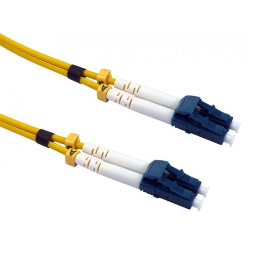 Yellow InfiniBand/fibre optic cable featuring two LC connectors with blue and white housings, designed for high-speed data transmission, measuring 10 meters in length.