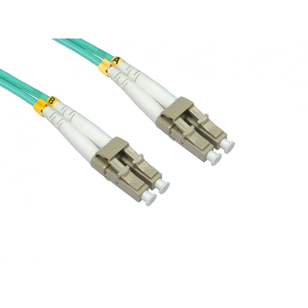 Aqua-colored 1-meter Fibre Optic Cable with LC connectors, featuring beige connectors labeled A and B, designed for high-speed data transmission.