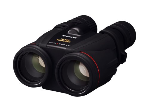 Canon 10x42L IS binoculars featuring a sleek black body, red accents, large objective lenses, and ergonomic design, designed for waterproof and all-weather use.