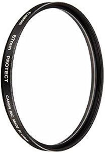 Black metal lens filter with "Canon 67mm PROTECT" engraved in white, designed to fit 67mm lenses, featuring a slim profile for minimal impact on image quality.