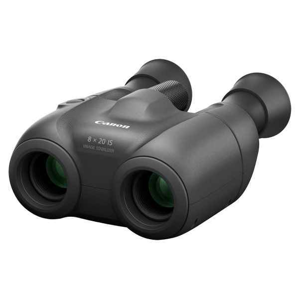 Compact black Canon 8x20 IS binoculars featuring a lightweight design, textured grip, and green-tinted lenses, ideal for travel and outdoor use.