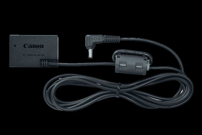 Black Canon DR-E18 DC Coupler with a rectangular connector and a coiled cable, designed for powering compatible Canon cameras.