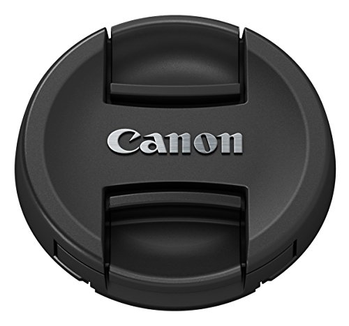 Black Canon E49 lens cap featuring a textured surface and the silver "Canon" logo prominently displayed in the center, designed to protect camera lenses.