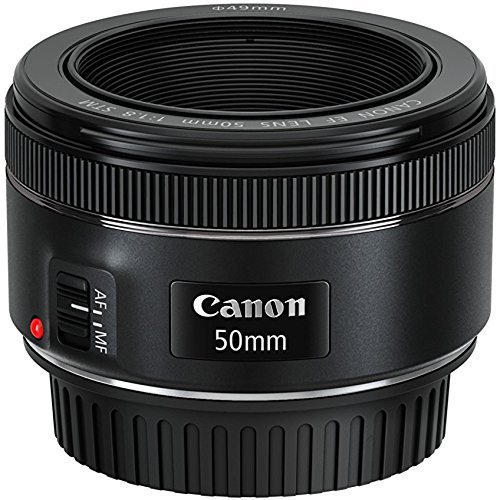 Canon EF 50mm F/1.8 STM lens featuring a black plastic body, a smooth focus ring, an AF/MF switch, and a silver accent around the front element.