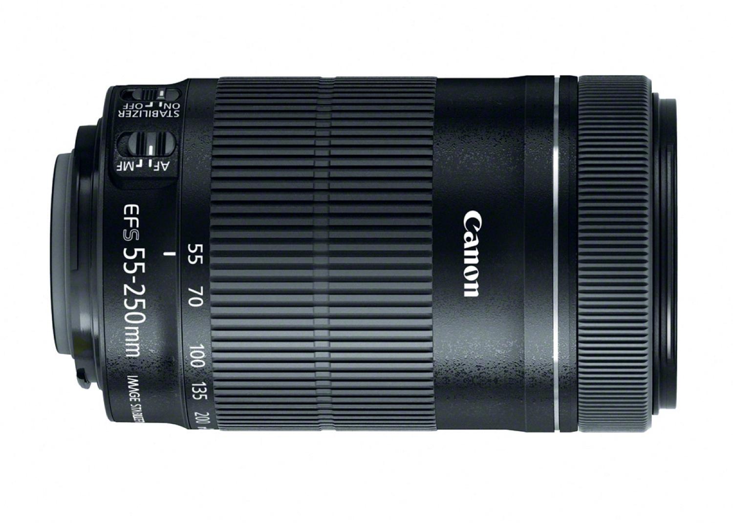 Black Canon EF-S 55-250mm F/4-5.6 IS STM lens with a textured grip, featuring focal length markings and a smooth, cylindrical design.