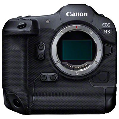 Black Canon EOS R3 mirrorless camera body featuring a textured grip, control buttons, and a large lens mount, with a 24.1 MP CMOS sensor visible inside.