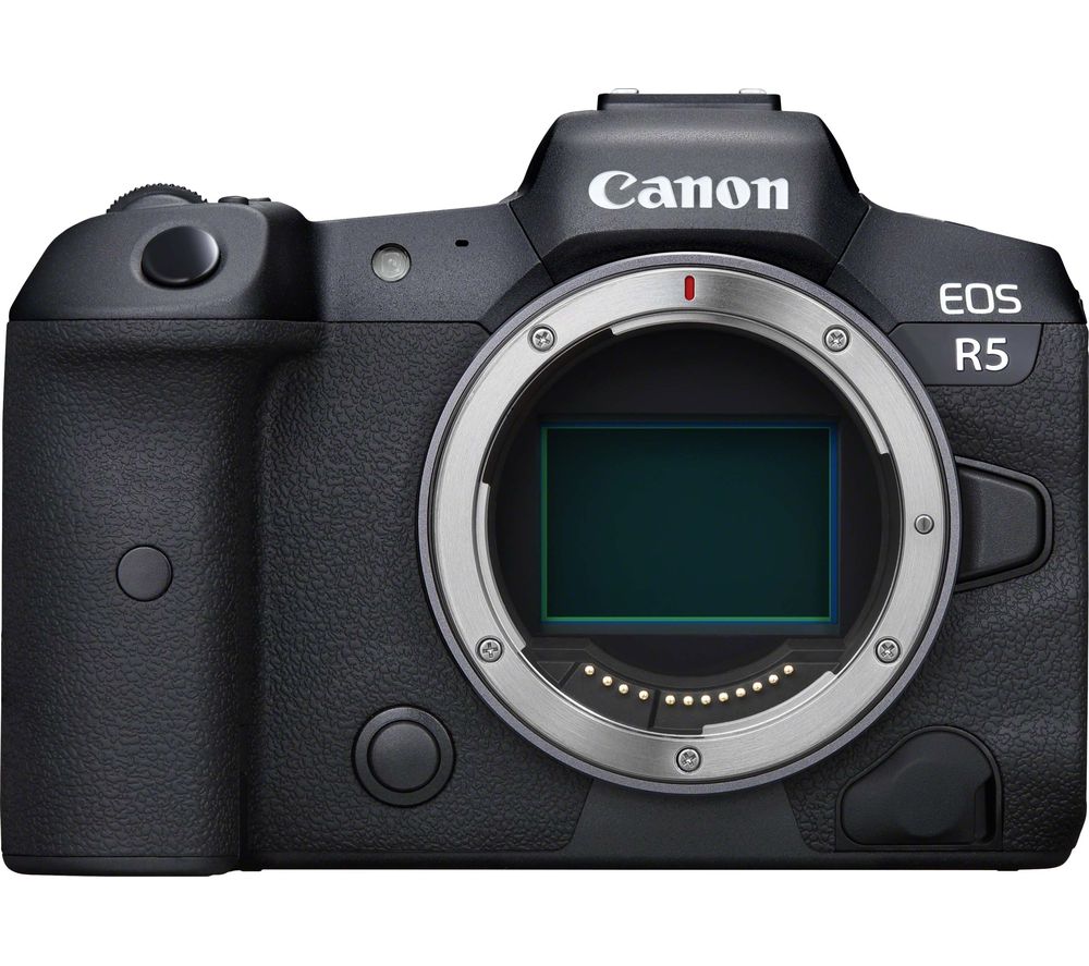 Canon EOS R5 full frame mirrorless camera body in black, featuring a textured grip, lens mount, and a prominent red dot near the shutter button.
