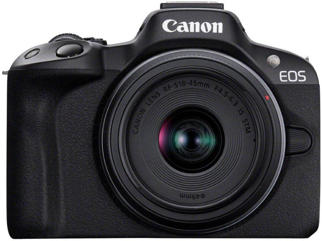 Canon EOS R50 mirrorless camera in black with a textured grip, featuring an RF-S 18-45mm F4.5-6.3 IS STM lens, showcasing a sleek design and compact build.