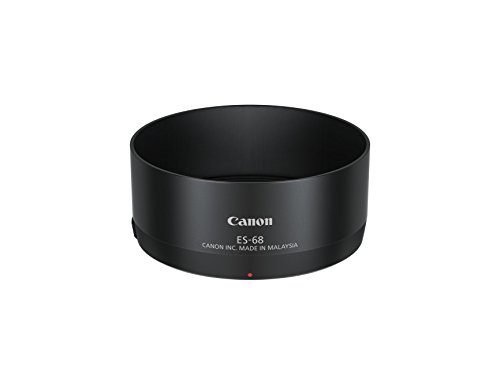 Black Canon ES-68 lens hood with a smooth finish, featuring a white Canon logo and model number, designed to reduce lens flare and improve image quality.