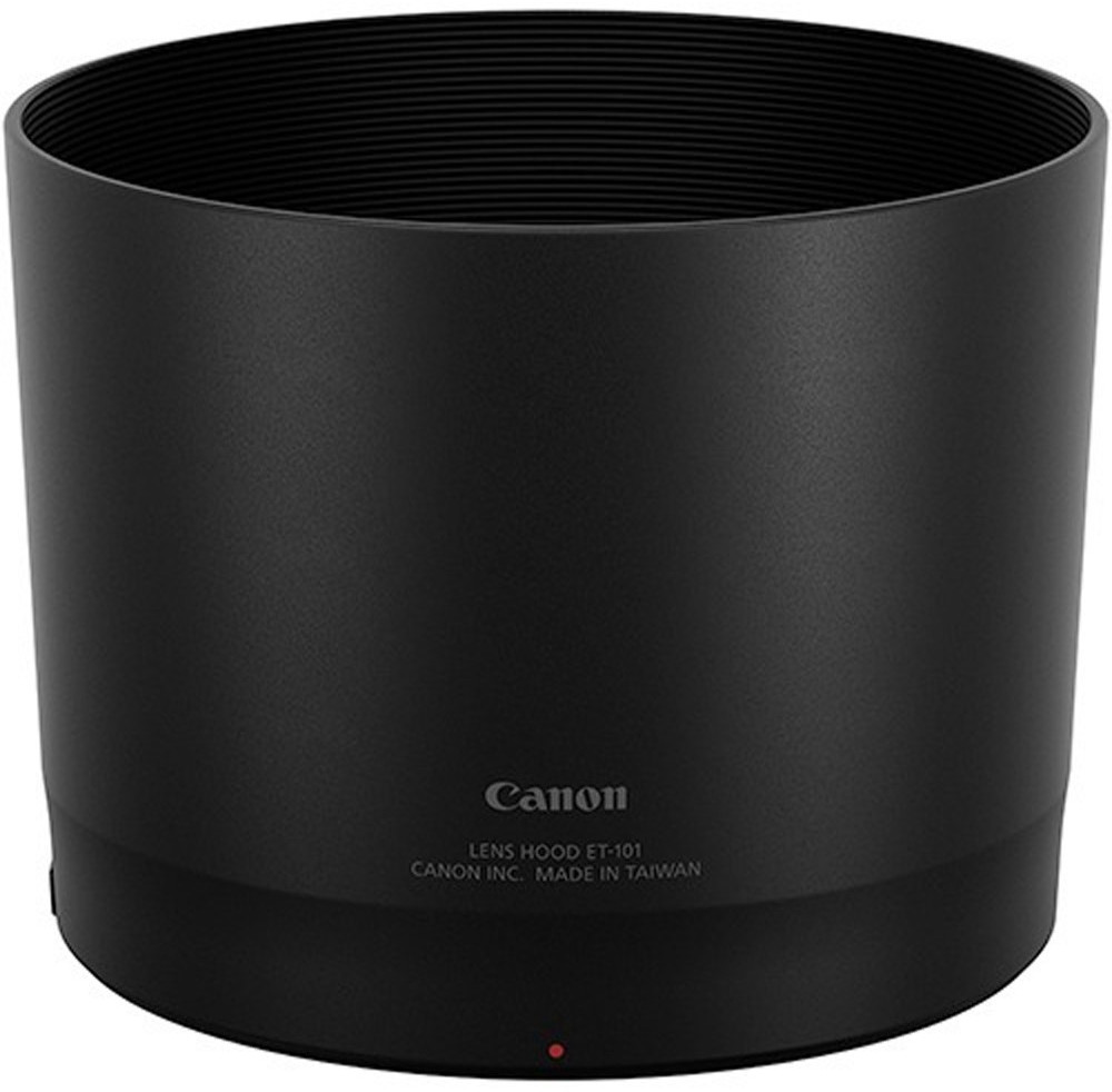 Black Canon ET-101 lens hood made of durable material, featuring a smooth exterior and ribbed interior to prevent lens flare, with Canon branding on the front.