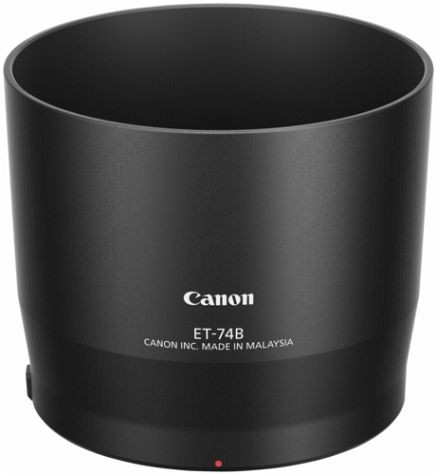 Black Canon ET-74B lens hood made of durable material, featuring a wide cylindrical design with a smooth finish and the Canon logo prominently displayed.