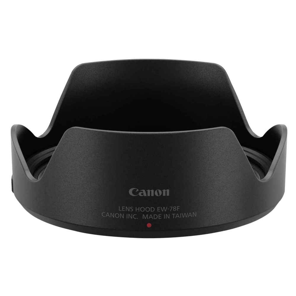 Black Canon EW-78F lens hood featuring a curved design with two petal-shaped extensions, made of durable plastic, with engraved branding on the front.