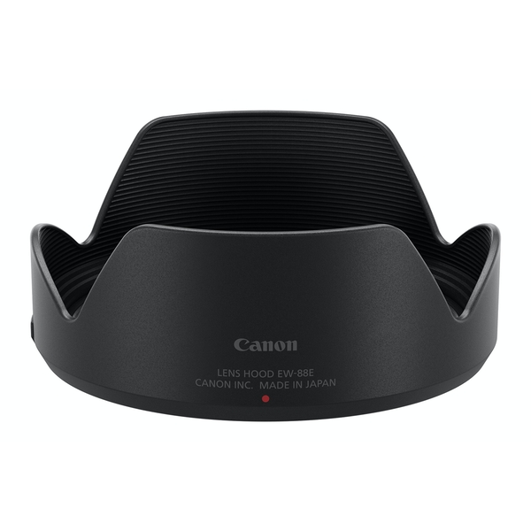 Black Canon EW-88E lens hood featuring a ribbed interior for glare reduction, with the Canon logo and "MADE IN JAPAN" printed on the base.