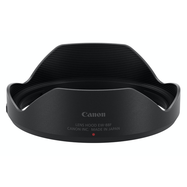 Black Canon EW-88F lens hood with a ribbed interior and smooth exterior, featuring "Canon Inc. MADE IN JAPAN" printed on the side and a red dot indicator.
