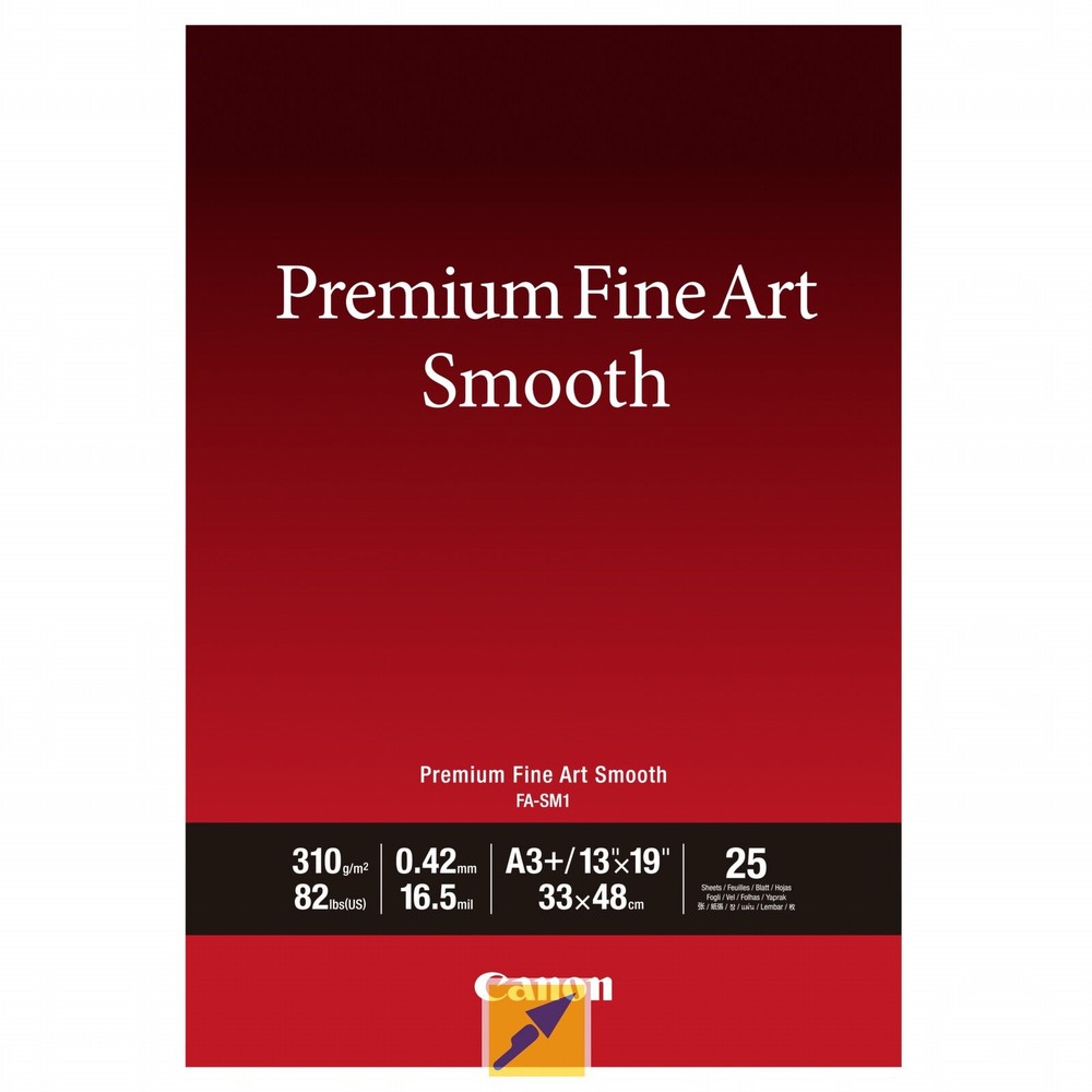 Red packaging featuring "Premium Fine Art Smooth" in white text, with product details including A3 Plus size, 25 sheets, and Canon logo at the bottom.