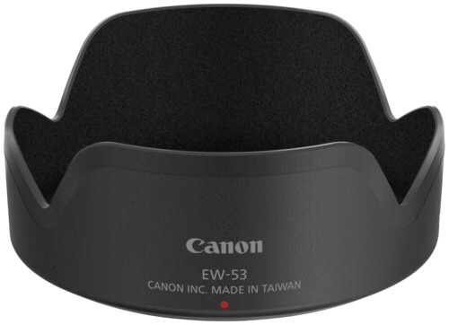 Black Canon Lens Hood EW-53 with a matte finish and a soft inner lining, featuring the Canon logo and model number in silver text on the front.