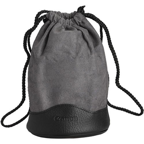 Gray suede lens pouch with a black leather base, featuring a drawstring closure and the Canon logo embossed on the front.