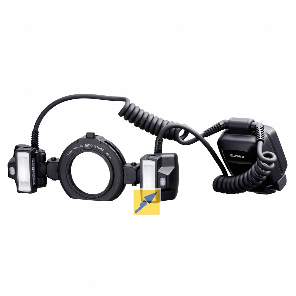 Canon MT-26EX-RT Macro Twin Lite Flash features a black circular mount with two adjustable flash heads and a coiled cable connecting to a compact power unit.