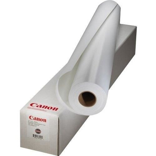 Canon Opaque White 120g/m2 roll paper, 42 inches wide, displayed partially unrolled, with a sturdy cardboard box featuring the Canon logo in red.