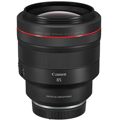 Canon RF 85mm F1.2L USM DS lens features a sleek black body with a red ring, a large front element, and smooth focus controls, designed for high-quality portrait photography.