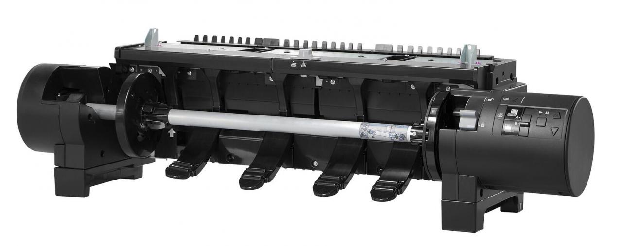 Canon RU-23 ROLL UNIT features a sleek black design with two large cylindrical rollers, a central silver shaft, and various control buttons on the side for functionality.