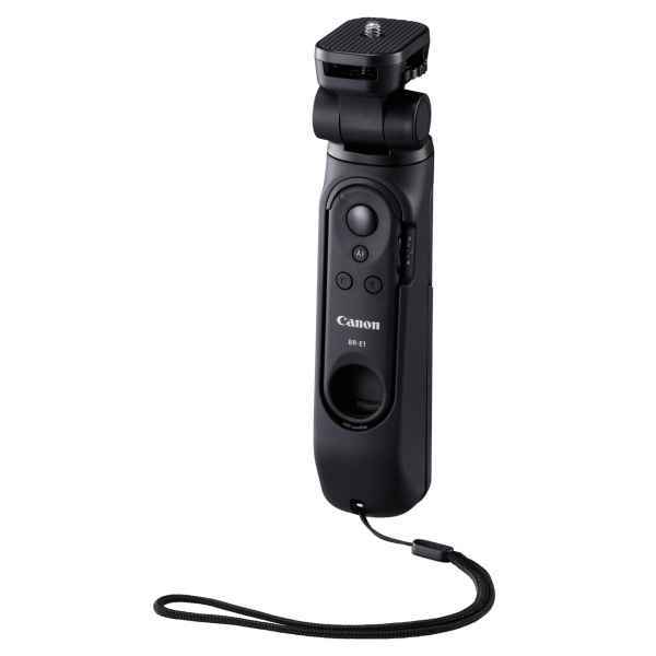 Black Canon Tripod Grip HG-100TBR with a textured grip, integrated buttons for shutter control, and a detachable plate for mounting cameras, featuring a wrist strap for added security.