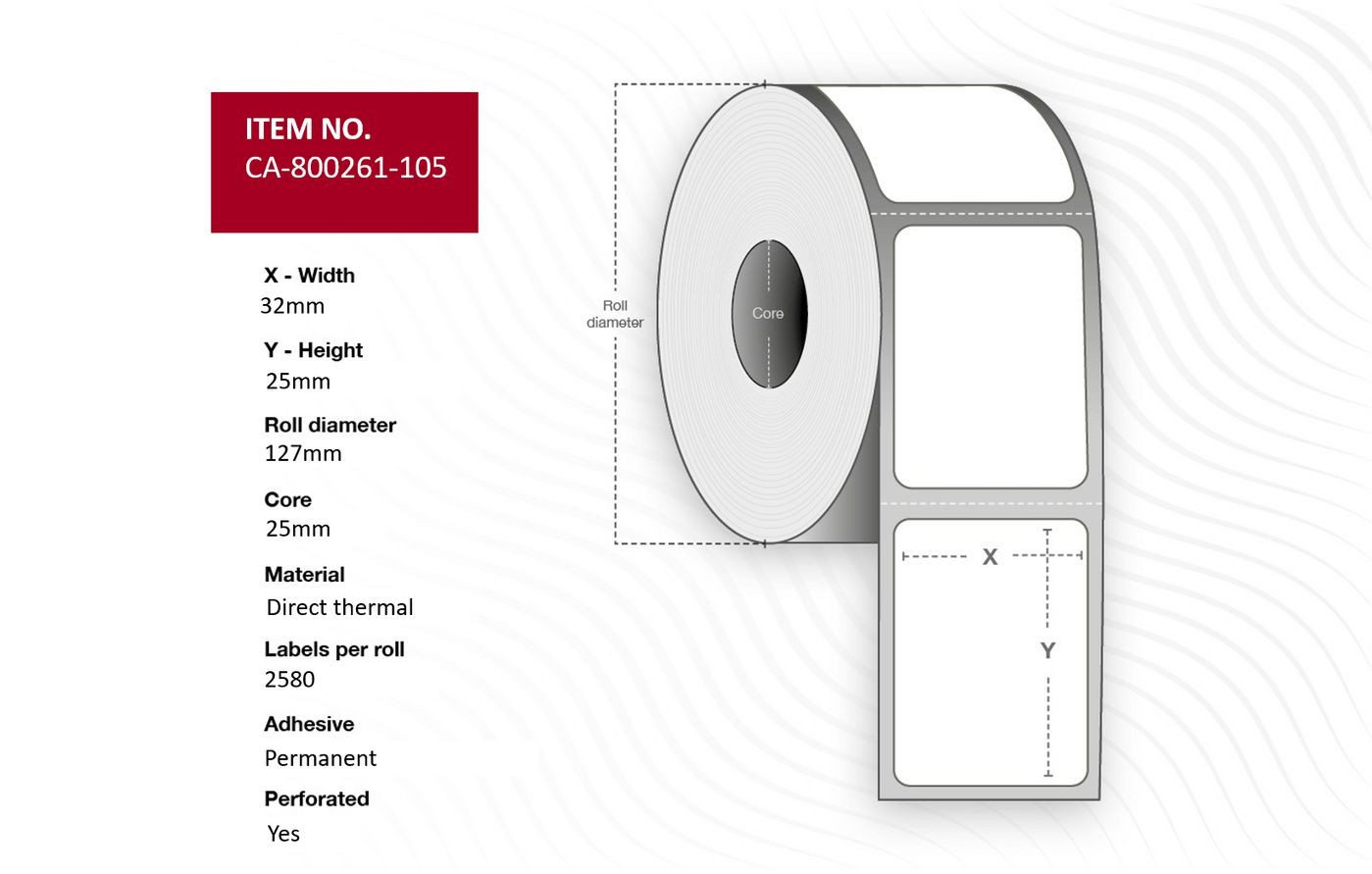 White label roll with a 32mm width and 25mm height, featuring a 25mm core, made of direct thermal material, with 2580 adhesive, permanent, and perforated labels per roll.