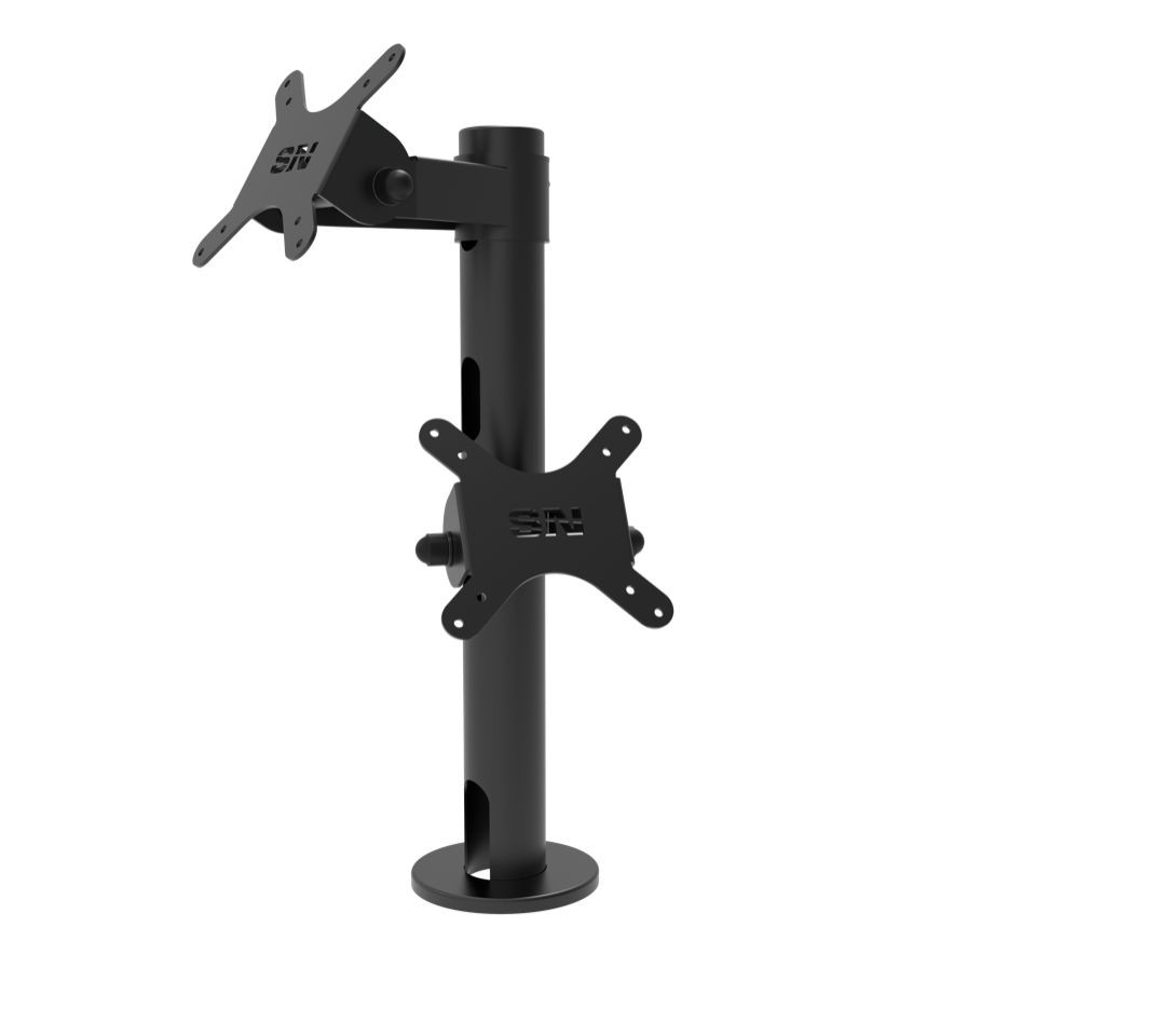 Black metal pole with a 400mm height, featuring dual adjustable monitor mounts and a sturdy circular base, designed for secure display positioning.