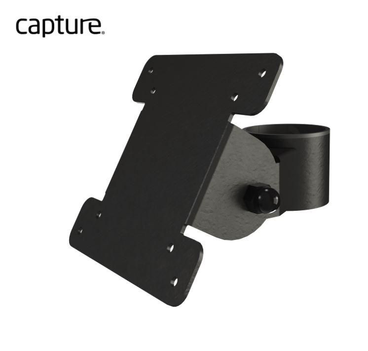 Black steel mounting kit with a flat rectangular plate and a cylindrical attachment, designed for secure installation, featuring multiple mounting holes.