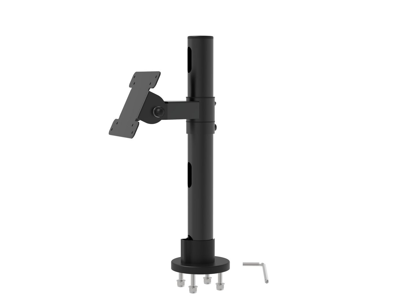 Black steel mounting kit featuring a cylindrical pole, adjustable arm with a flat mounting plate, and included hardware for installation.