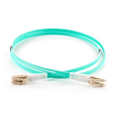 Aqua-colored 2M duplex fibre optic patch cable with LC connectors on both ends, featuring a 50/125 micron OM4 specification for high-speed data transmission.