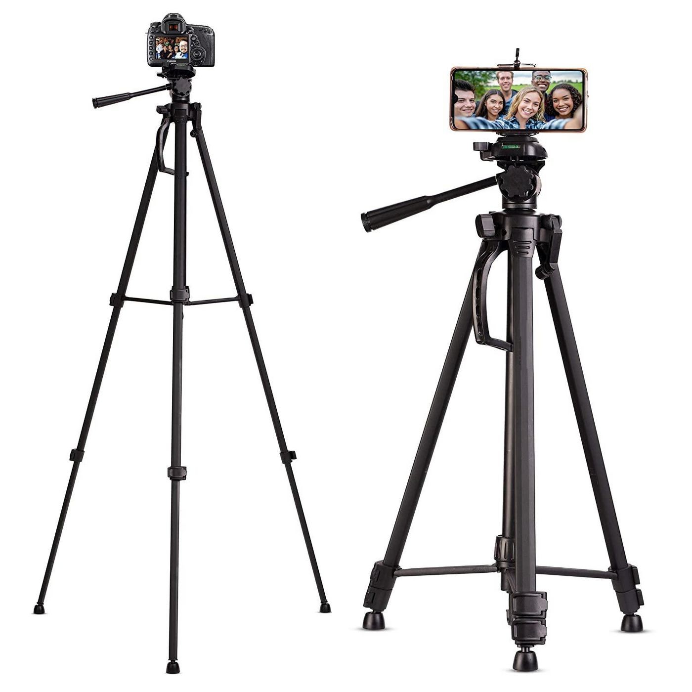 Black aluminum tripod with adjustable legs, a quick-release plate, and a pan-tilt head, holding a smartphone and a camera, suitable for photography and videography.