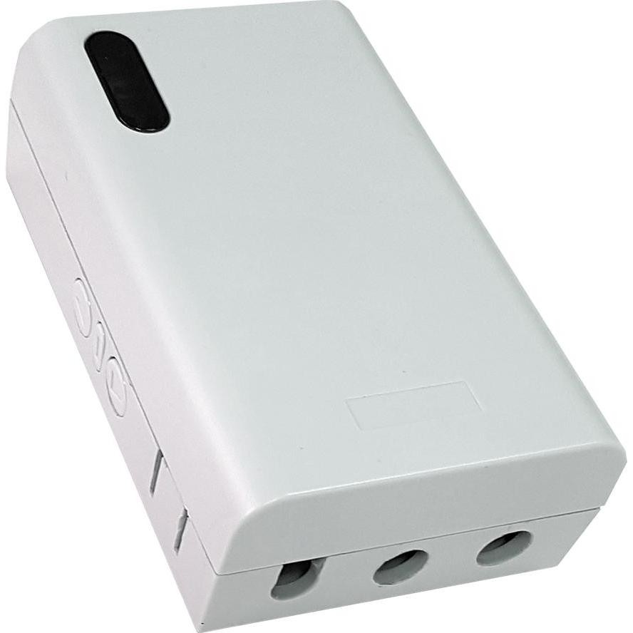 White plastic control box with rounded edges, featuring two buttons on the front and multiple ports on one side, designed for easy integration with audiovisual equipment.