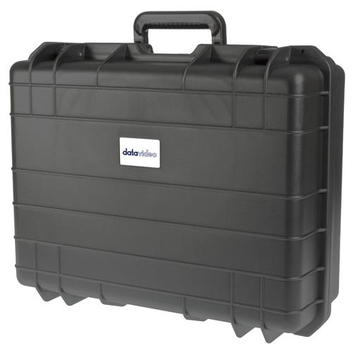 Black plastic equipment case with a sturdy handle, featuring a textured surface and a prominent DataVideo logo on the front, designed for durability and protection.