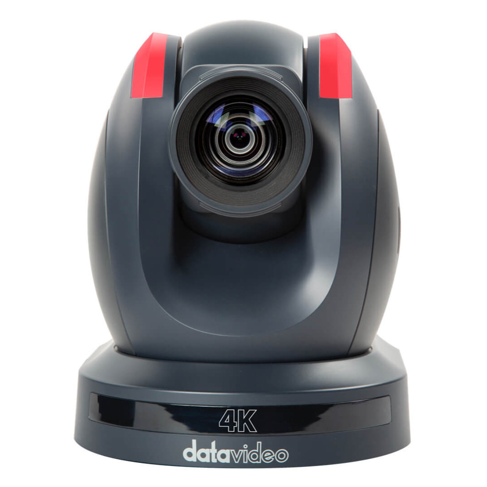 Black and gray DataVideo PTC-305 camera with a large lens, red accents on top, and a sleek, rounded design, featuring a base labeled "4K."