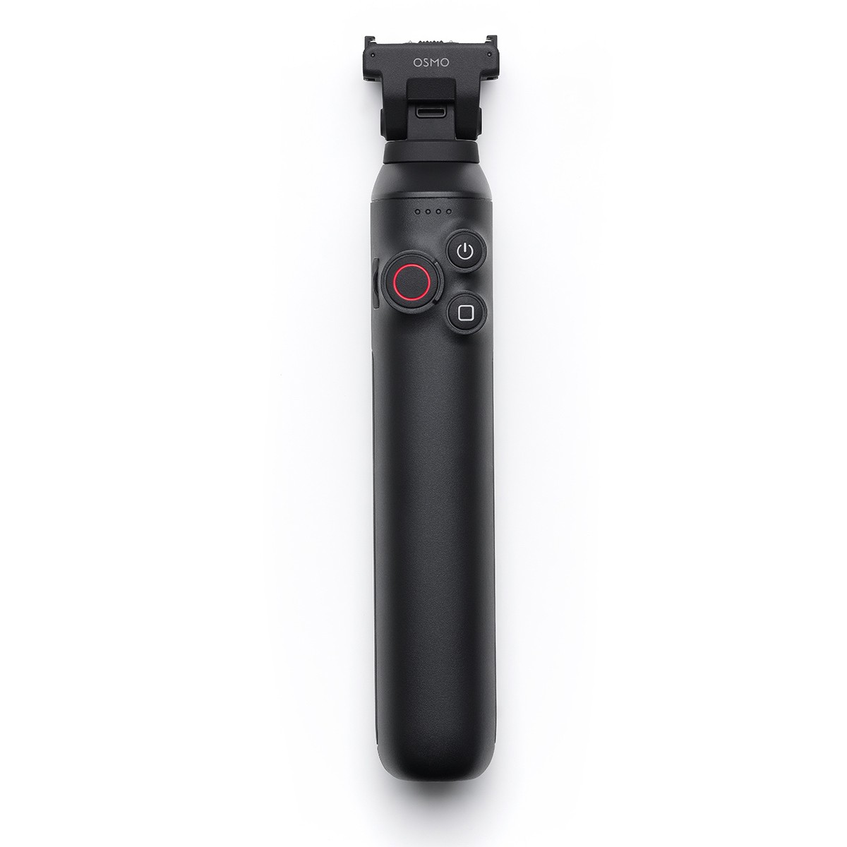 Black extension rod with a textured grip, featuring a red record button, power button, and a mount for an action camera at the top.