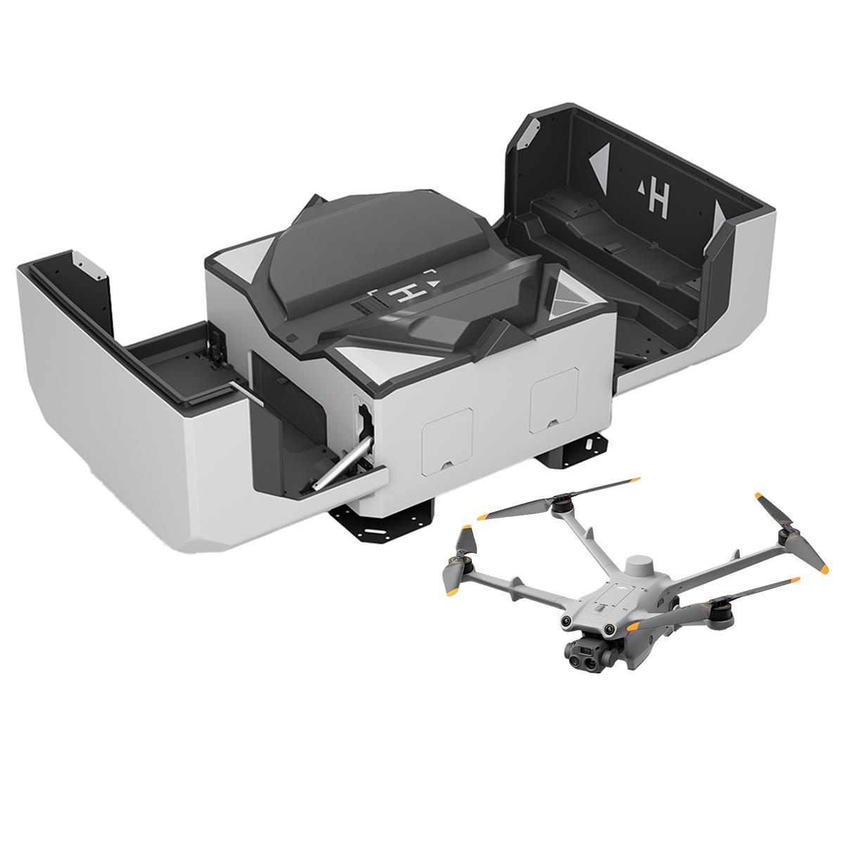 DJI Dock 2 Overseas Edition features a sleek gray design with a compact, foldable structure, housing a drone with four propellers and a camera, showcasing advanced technology.