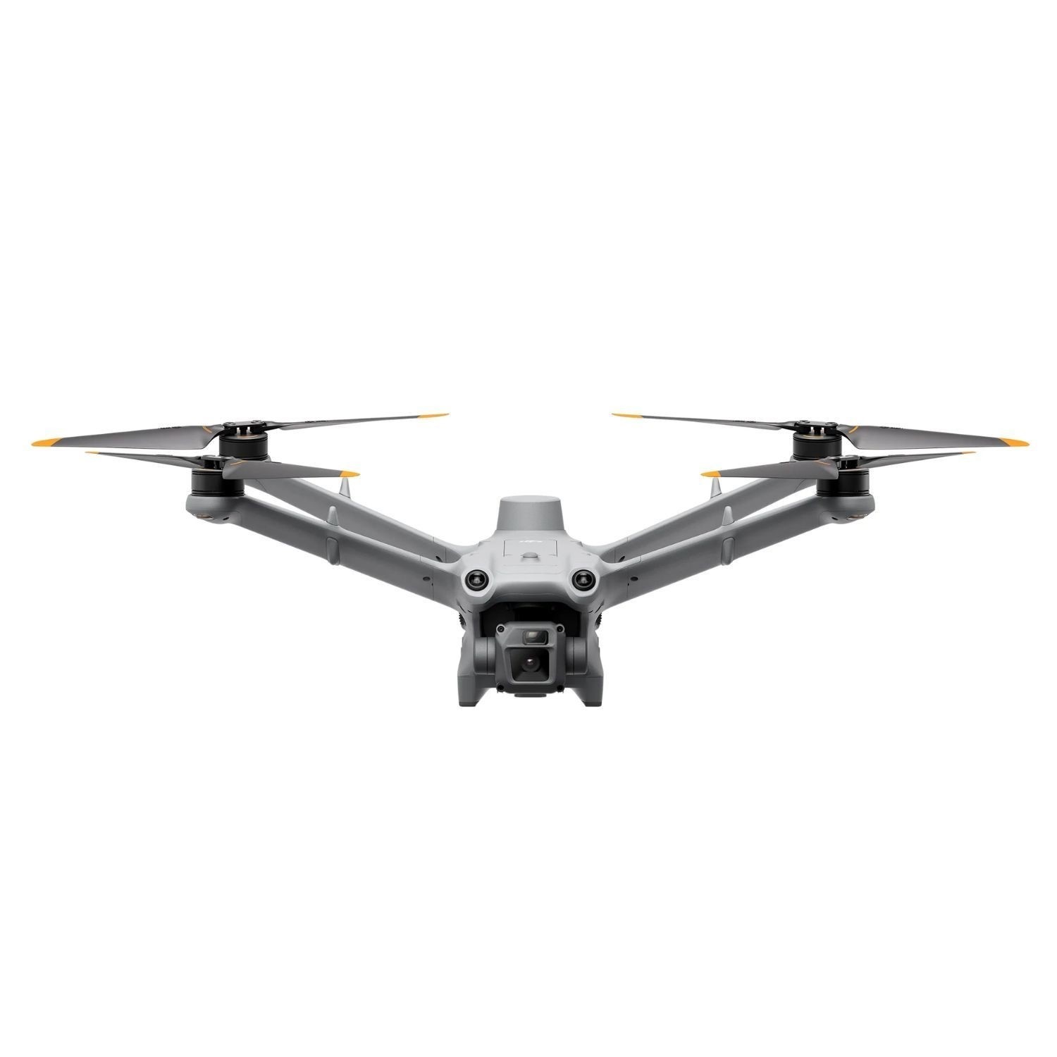 Gray DJI Matrice 3D drone featuring four propellers with yellow tips, a central camera, and a sleek, aerodynamic design, ideal for professional aerial photography and videography.
