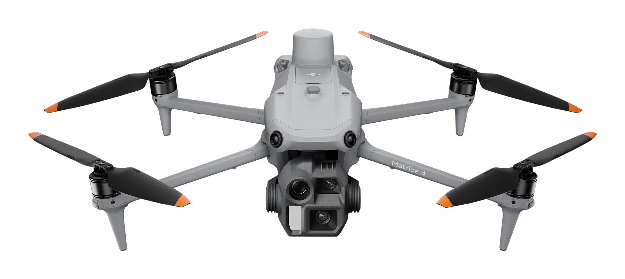 Grey DJI Matrice 4E quadcopter with four rotors, dual cameras, and orange accents, featuring a sleek design and high-resolution capability of 20 MP and 3840 x 2160 pixels.