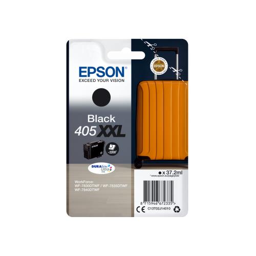 Epson 405XXL black ink cartridge packaging featuring a vibrant orange suitcase design, labeled with product details and a high yield indication.
